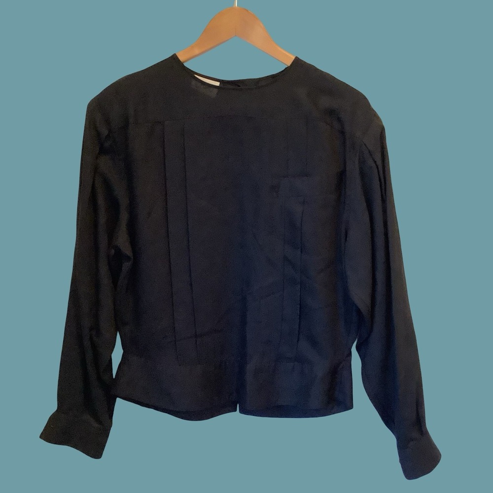 Vintage Black Top Theo Rayon Pleated Dress Blouse Sz 10